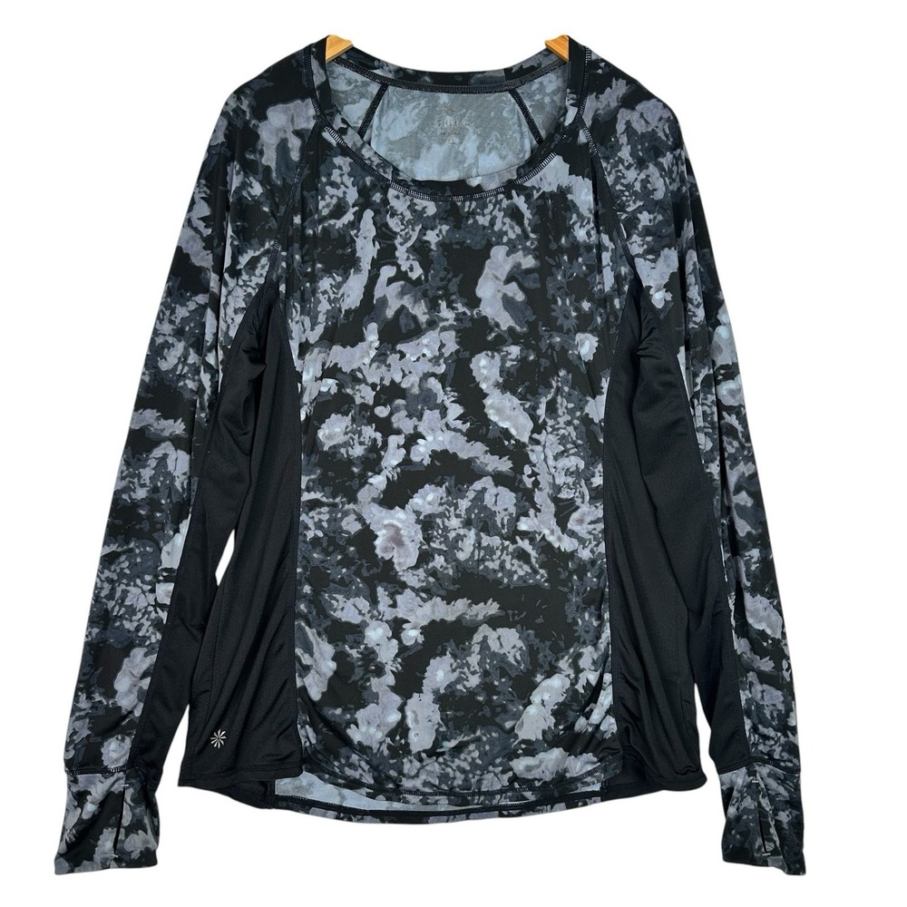 Athleta Camo Long Sleeve Workout Top XL Gray Black Thumbholes Athletic Running - Picture 1 of 11